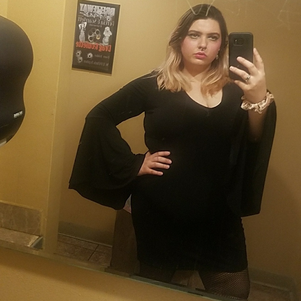 F21+ Plunging Neck Black Mini Dress Bell Sleeves